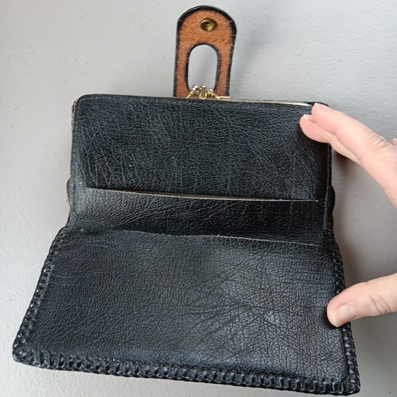 VTG Leather Tooled Wallet Women Double Kiss Lock Close Monogramed Leaf Black Tan - Picture 6 of 12